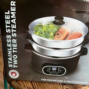New chefs counter stainless steel two tier steamer. Still in the box